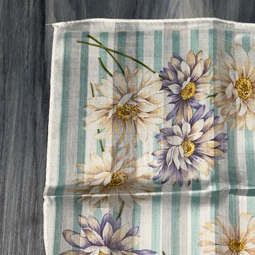 Yves Saint Laurent Vintage Mint & White Striped Floral Cotton Handkerchief Scarf - Picture 6 of 12